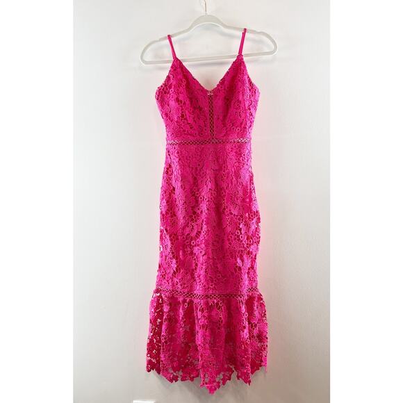 Lulus Taliah Sleeveless Floral Lace Crochet Trim Midi Trumpet Dress Hot Pink S - Picture 4 of 8